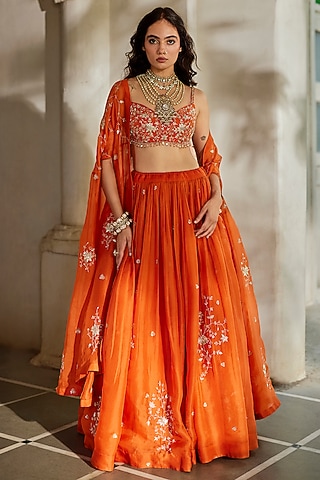 Rust Orange Pure Organza Hand Embroidered Jacket Lehenga Set by Paulmi & Harsh