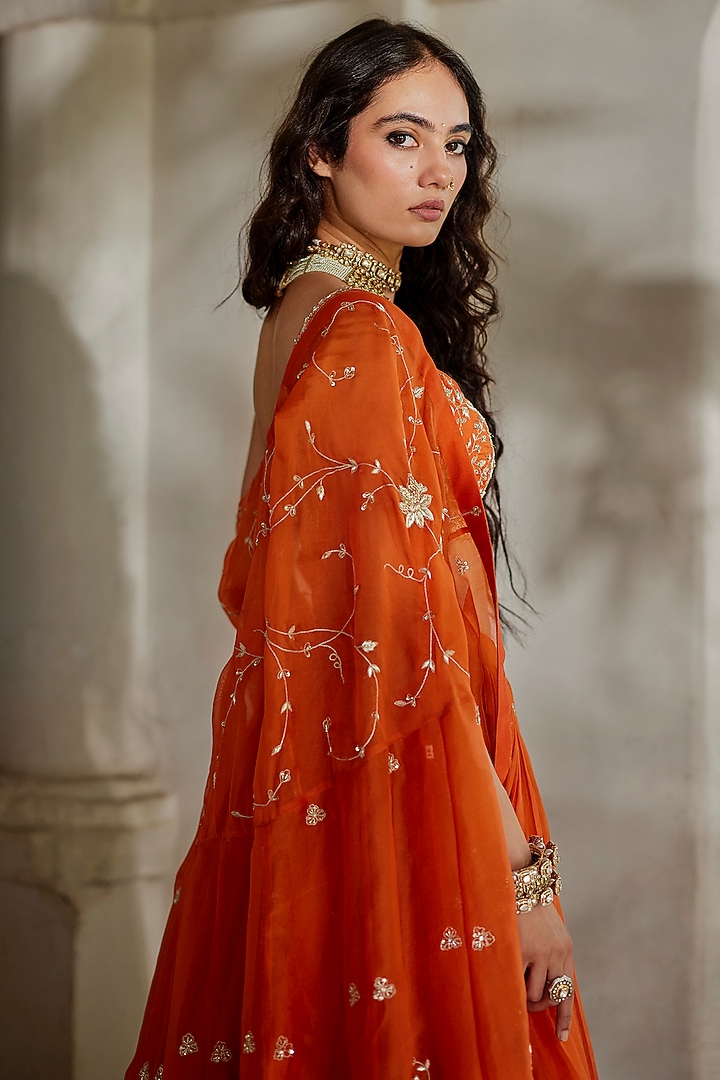 Rust Orange Pure Organza Hand Embroidered Jacket Wedding Lehenga Set by Paulmi & Harsh at Pernia's Pop Up Shop