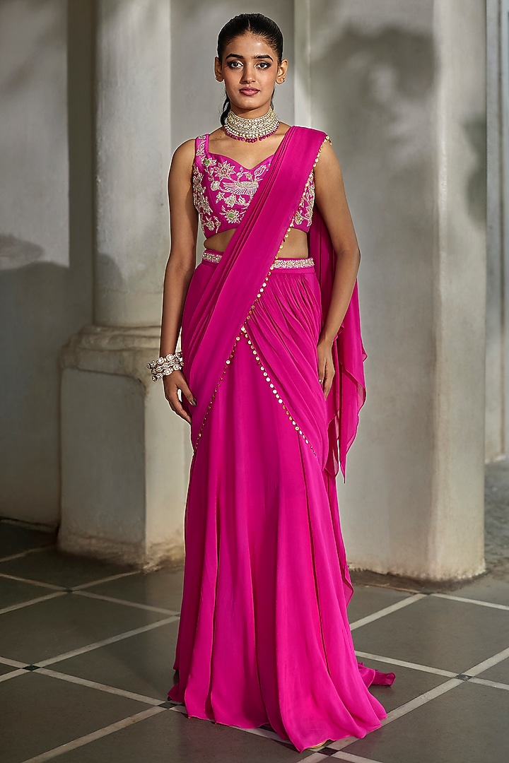 Bright Pink Georgette Pre-Draped Wedding Saree Set by Paulmi & Harsh at Pernia's Pop Up Shop
