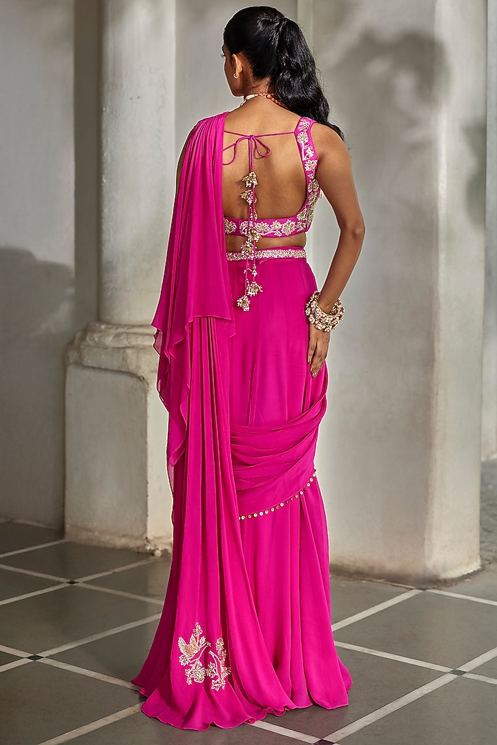 Bright Pink Georgette Pre-Draped Wedding Saree Set by Paulmi & Harsh at Pernia's Pop Up Shop