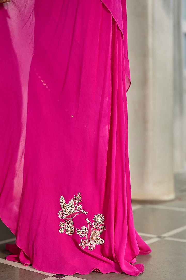 Bright Pink Georgette Pre-Draped Wedding Saree Set by Paulmi & Harsh at Pernia's Pop Up Shop