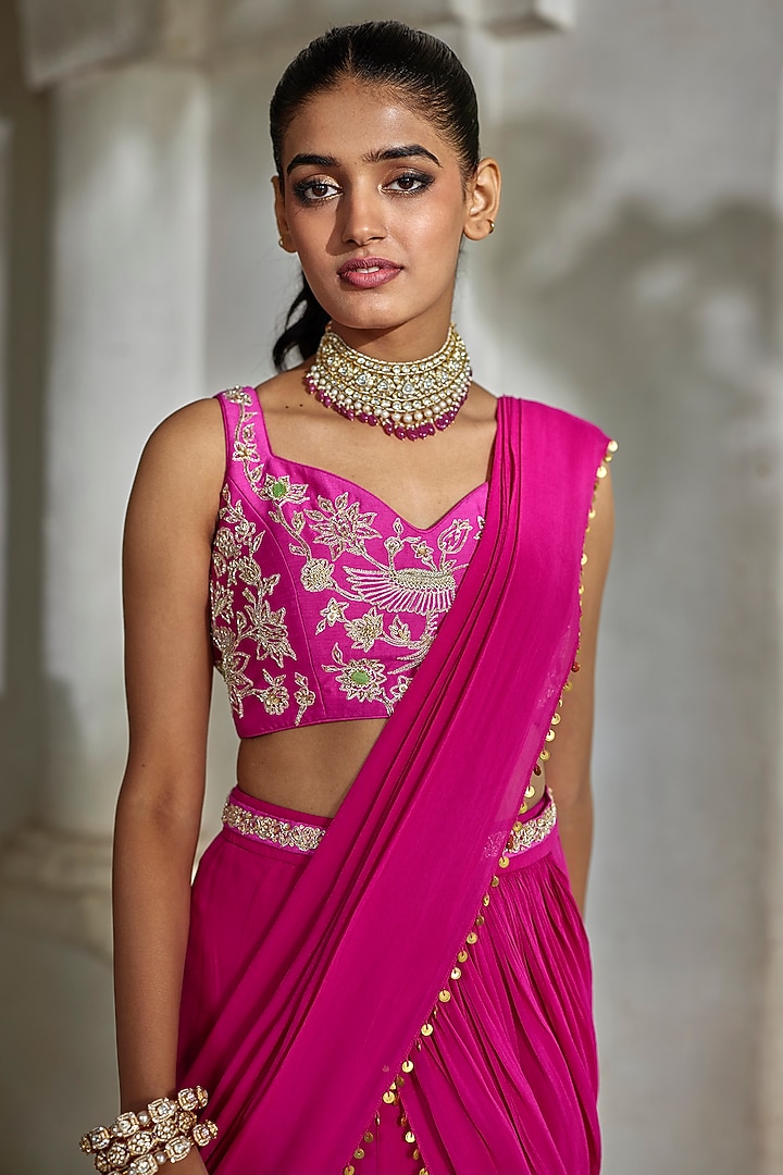 Bright Pink Georgette Pre-Draped Wedding Saree Set by Paulmi & Harsh at Pernia's Pop Up Shop