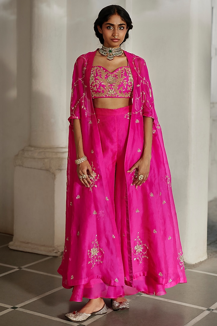 Bright Pink Pure Organza Palazzo Pant Set by Paulmi & Harsh at Pernia's Pop Up Shop