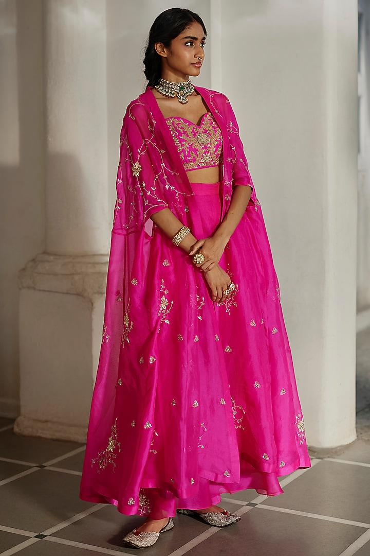 Bright Pink Pure Organza Palazzo Pant Set by Paulmi & Harsh at Pernia's Pop Up Shop