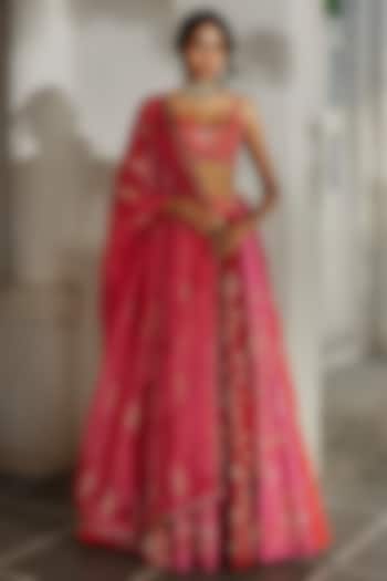 Multi-Colored Chiniya Floral Printed & Hand Embroidered Wedding Lehenga Set by Paulmi & Harsh at Pernia's Pop Up Shop