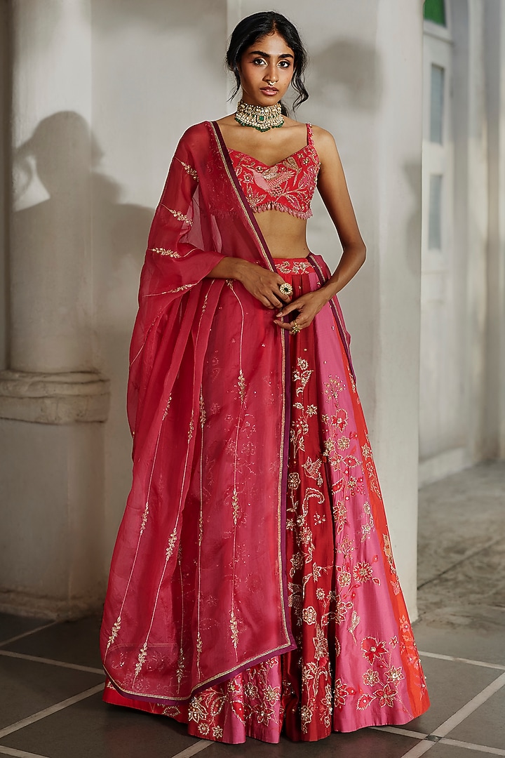 Multi-Colored Chiniya Floral Printed & Hand Embroidered Wedding Lehenga Set by Paulmi & Harsh at Pernia's Pop Up Shop