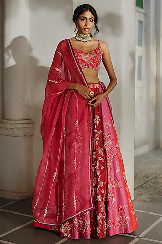 Multi-Colored Chiniya Floral Printed & Hand Embroidered Lehenga Set by Paulmi & Harsh