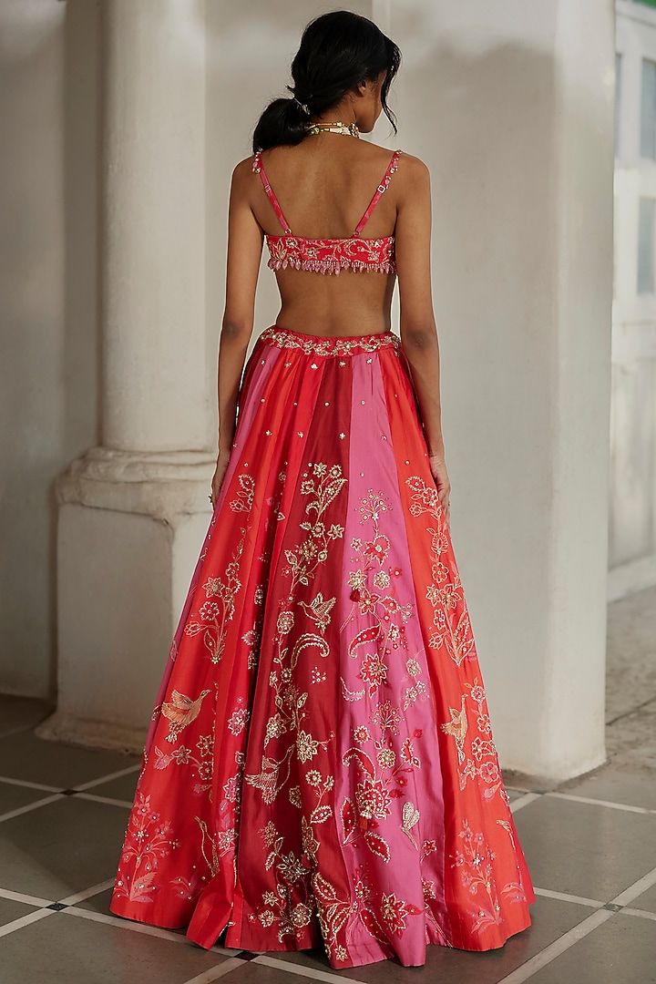 Multi-Colored Chiniya Floral Printed & Hand Embroidered Wedding Lehenga Set by Paulmi & Harsh at Pernia's Pop Up Shop