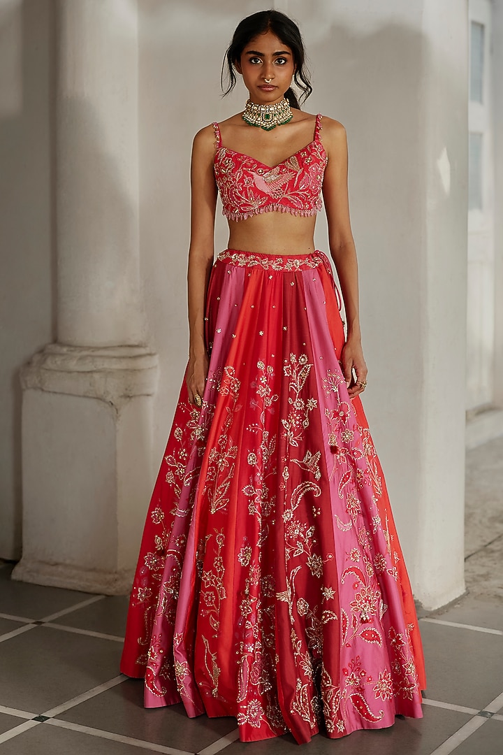 Multi-Colored Chiniya Floral Printed & Hand Embroidered Wedding Lehenga Set by Paulmi & Harsh at Pernia's Pop Up Shop