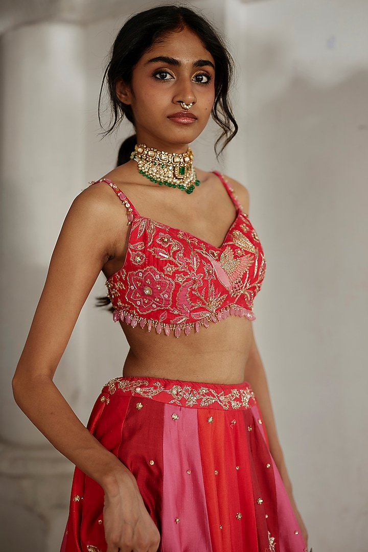 Multi-Colored Chiniya Floral Printed & Hand Embroidered Wedding Lehenga Set by Paulmi & Harsh at Pernia's Pop Up Shop