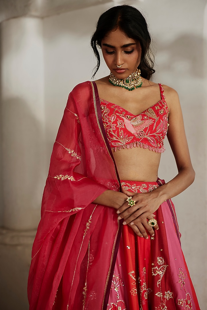 Multi-Colored Chiniya Floral Printed & Hand Embroidered Wedding Lehenga Set by Paulmi & Harsh at Pernia's Pop Up Shop