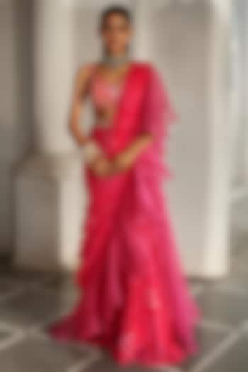 Red & Pink Georgette Floral Printed Pre-Stitched Wedding Saree Set by Paulmi & Harsh at Pernia's Pop Up Shop