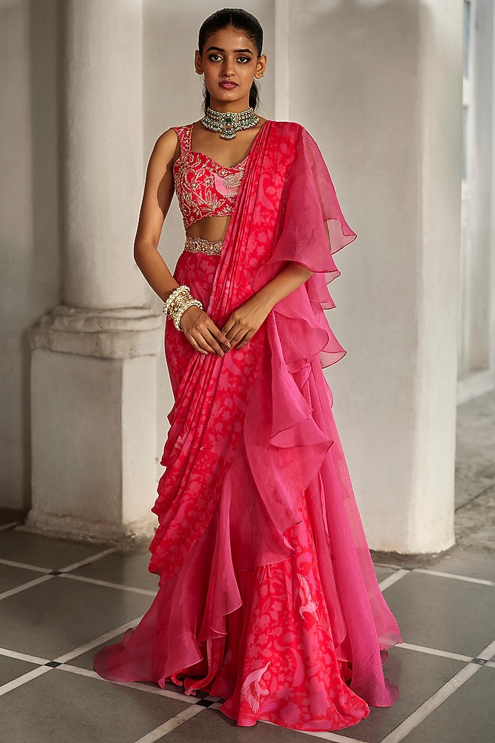Red & Pink Georgette Floral Printed Pre-Stitched Wedding Saree Set by Paulmi & Harsh at Pernia's Pop Up Shop