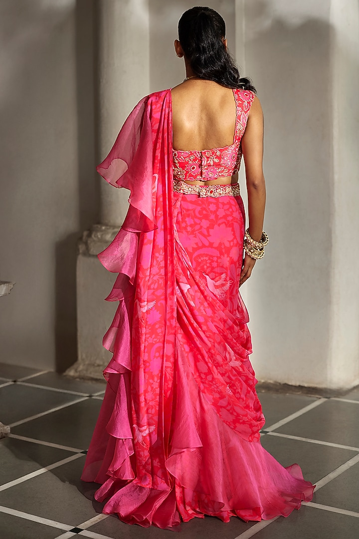 Red & Pink Georgette Floral Printed Pre-Stitched Wedding Saree Set by Paulmi & Harsh at Pernia's Pop Up Shop