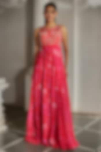 Red & Pink Crepe Printed & Embroidered Jumpsuit by Paulmi & Harsh at Pernia's Pop Up Shop