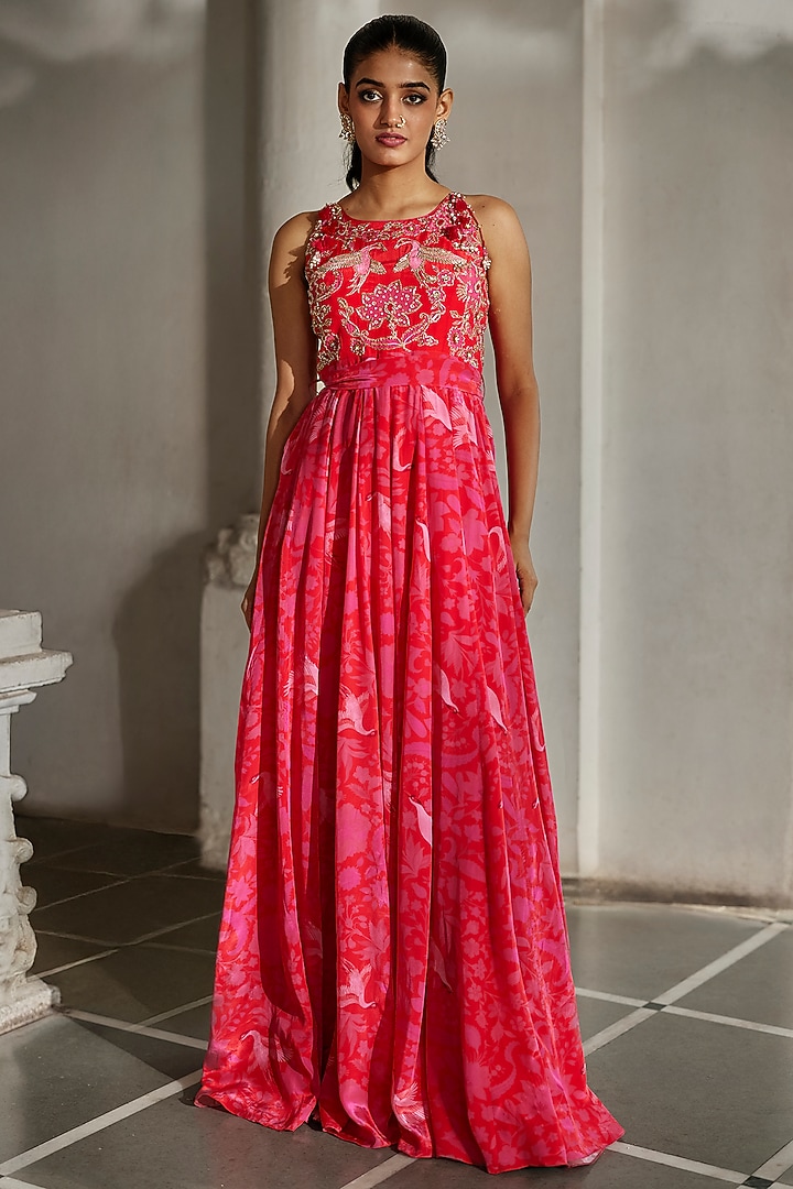 Red & Pink Crepe Printed & Embroidered Jumpsuit by Paulmi & Harsh at Pernia's Pop Up Shop