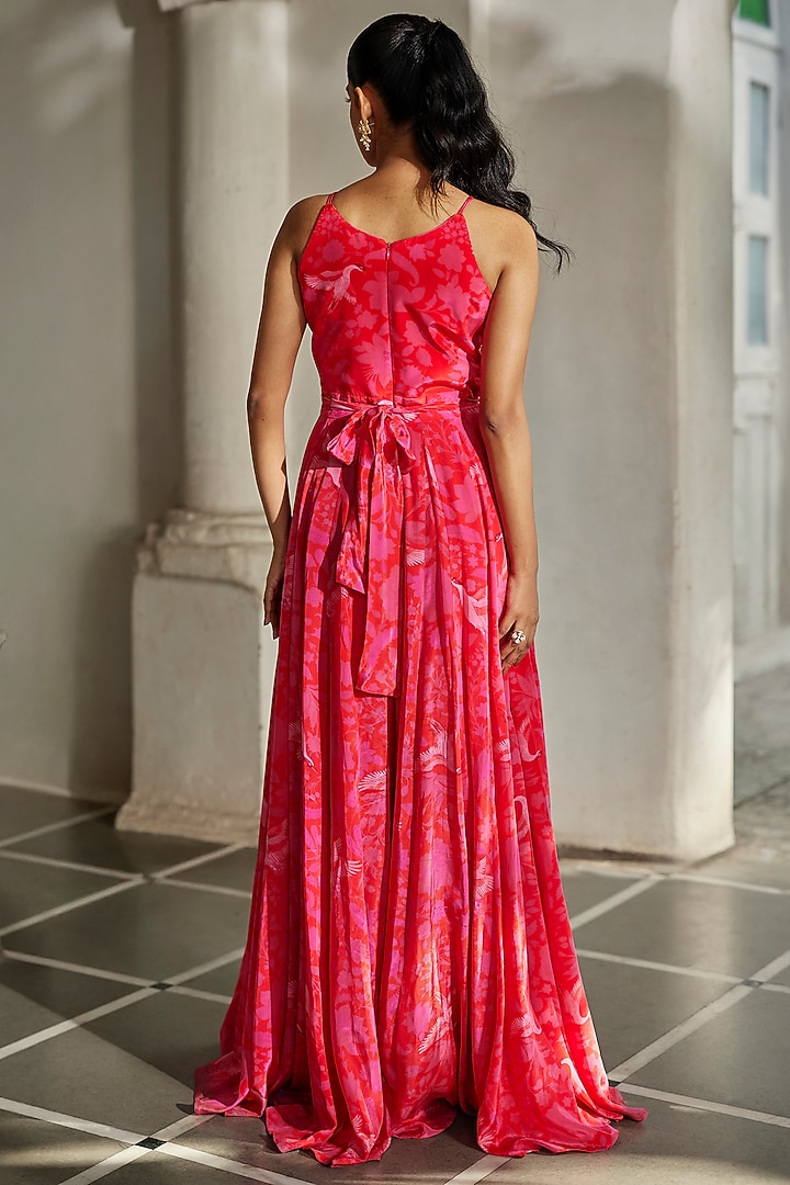 Red & Pink Crepe Printed & Embroidered Jumpsuit by Paulmi & Harsh at Pernia's Pop Up Shop