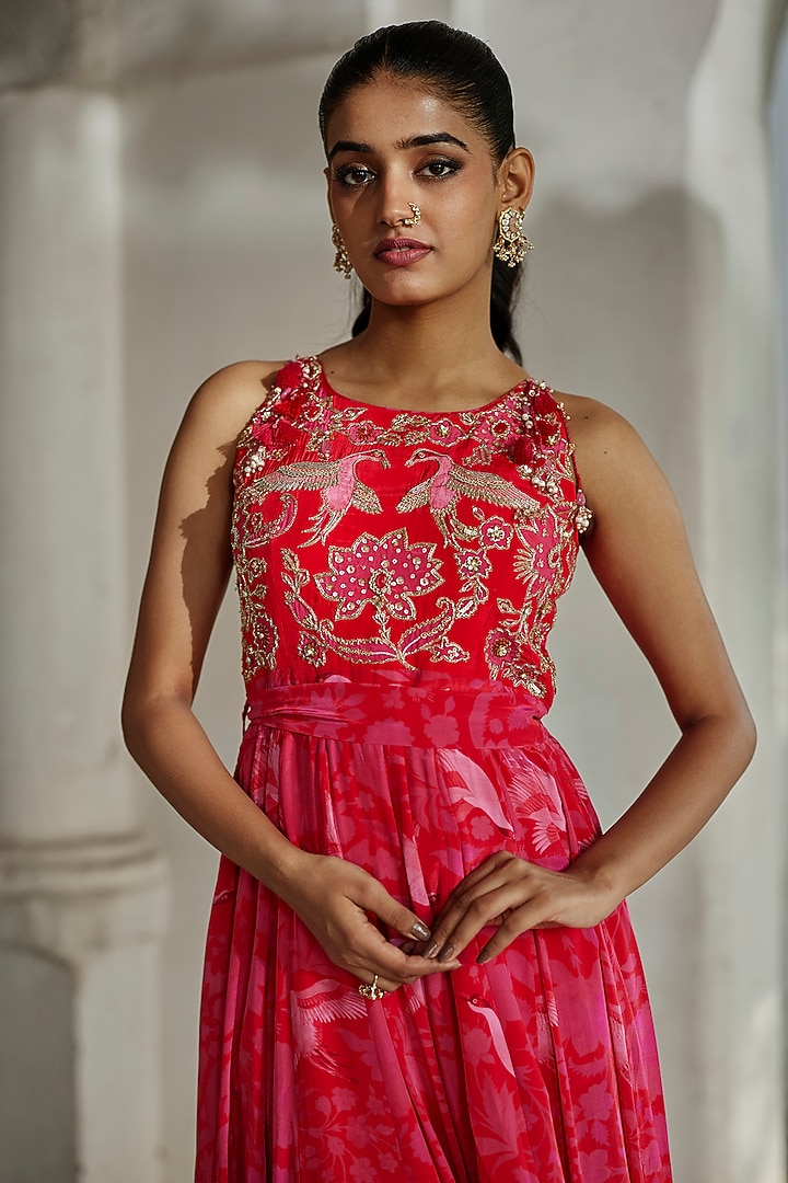 Red & Pink Crepe Printed & Embroidered Jumpsuit by Paulmi & Harsh at Pernia's Pop Up Shop