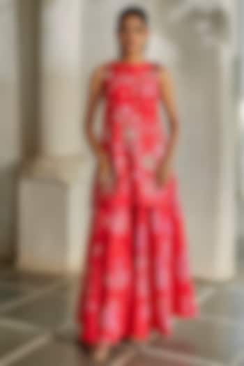 Red & Pink Chiniya Floral Printed Palazzo Pant Set by Paulmi & Harsh at Pernia's Pop Up Shop