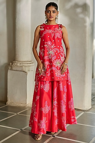 Red & Pink Chiniya Floral Printed Palazzo Pant Set by Paulmi & Harsh