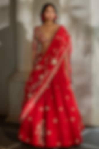 Cherry Red Pure Organza Zardosi Hand Embroidered Wedding Lehenga Set by Paulmi & Harsh at Pernia's Pop Up Shop
