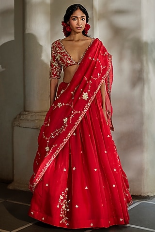 Cherry Red Pure Organza Zardosi Hand Embroidered Lehenga Set by Paulmi & Harsh
