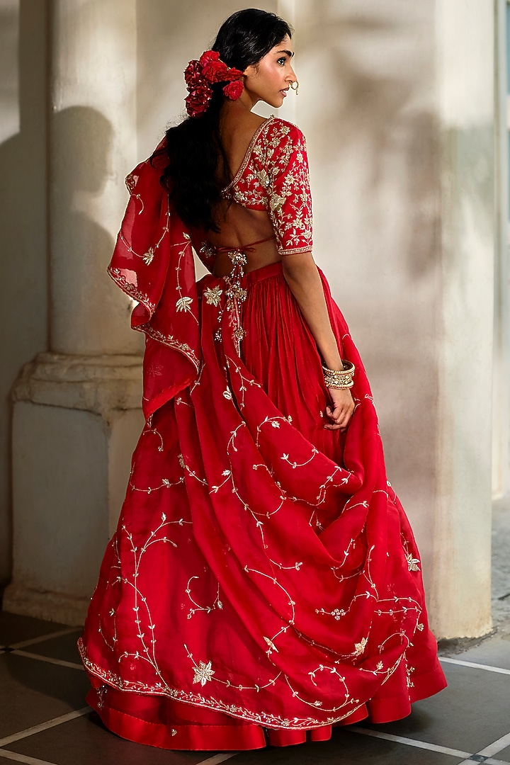 Cherry Red Pure Organza Zardosi Hand Embroidered Wedding Lehenga Set by Paulmi & Harsh at Pernia's Pop Up Shop