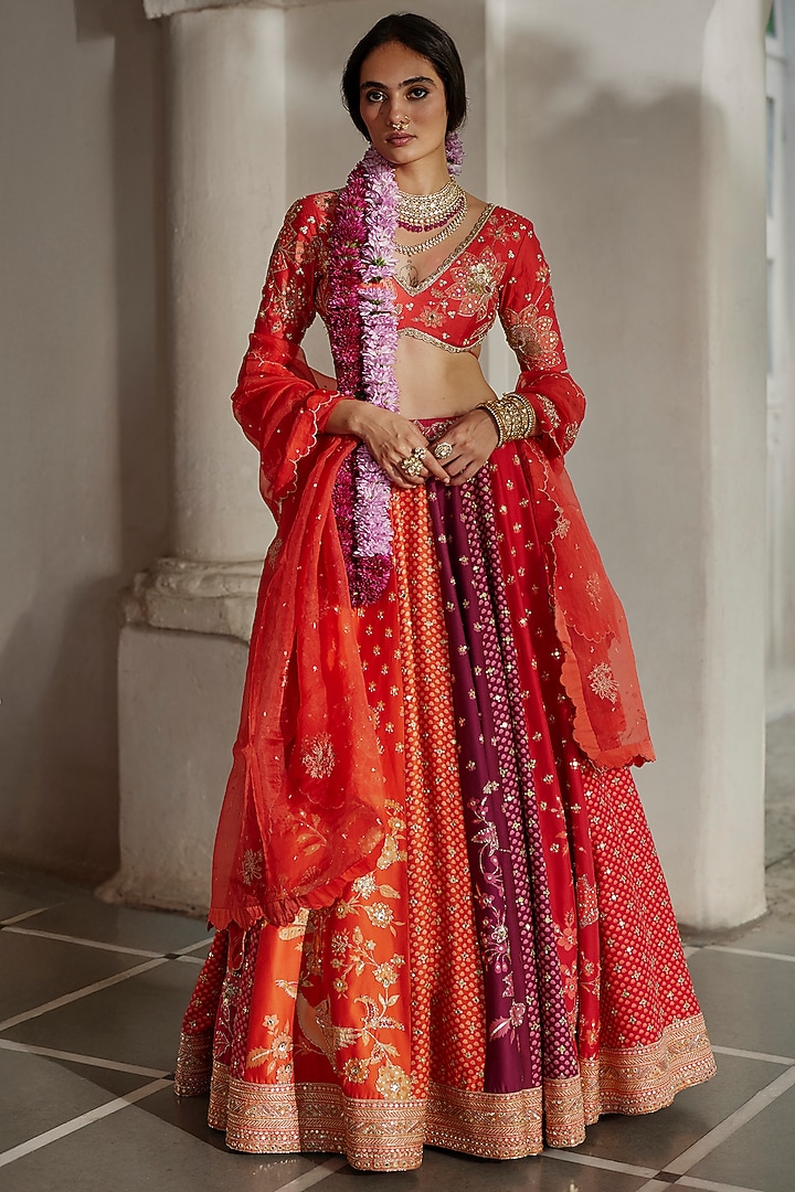 Multi-Colored Chiniya Floral Printed & Hand Embellished Bridal Lehenga Set by Paulmi & Harsh at Pernia's Pop Up Shop