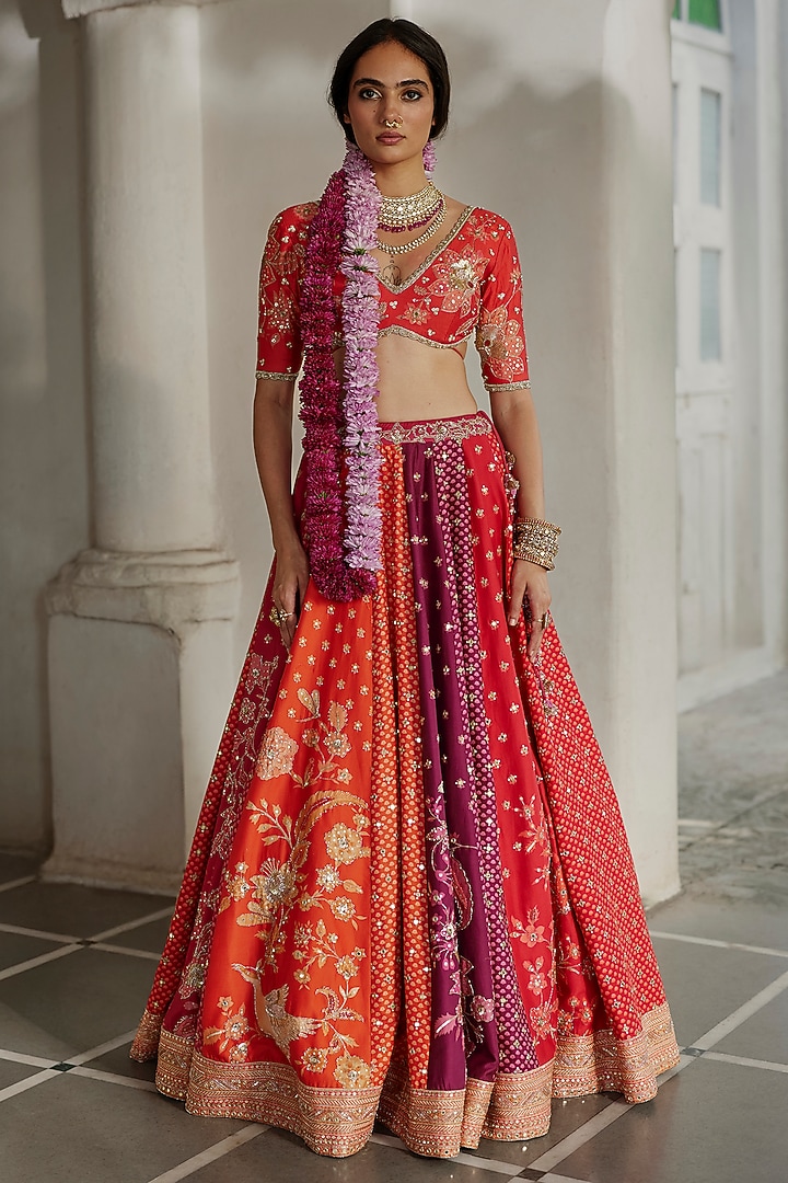 Multi-Colored Chiniya Floral Printed & Hand Embellished Bridal Lehenga Set by Paulmi & Harsh at Pernia's Pop Up Shop