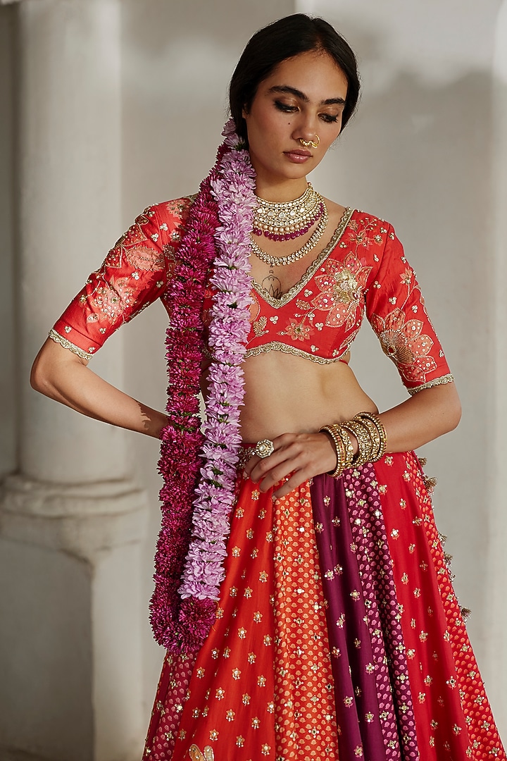 Multi-Colored Chiniya Floral Printed & Hand Embellished Bridal Lehenga Set by Paulmi & Harsh at Pernia's Pop Up Shop