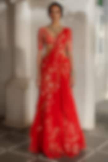 Sunset Red Chiffon Floral Printed Pre-Draped Wedding Saree Set by Paulmi & Harsh at Pernia's Pop Up Shop