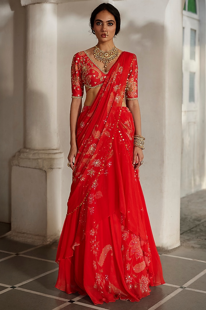 Sunset Red Chiffon Floral Printed Pre-Draped Wedding Saree Set by Paulmi & Harsh at Pernia's Pop Up Shop