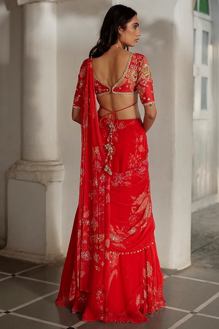Sunset Red Chiffon Floral Printed Pre-Draped Wedding Saree Set by Paulmi & Harsh at Pernia's Pop Up Shop