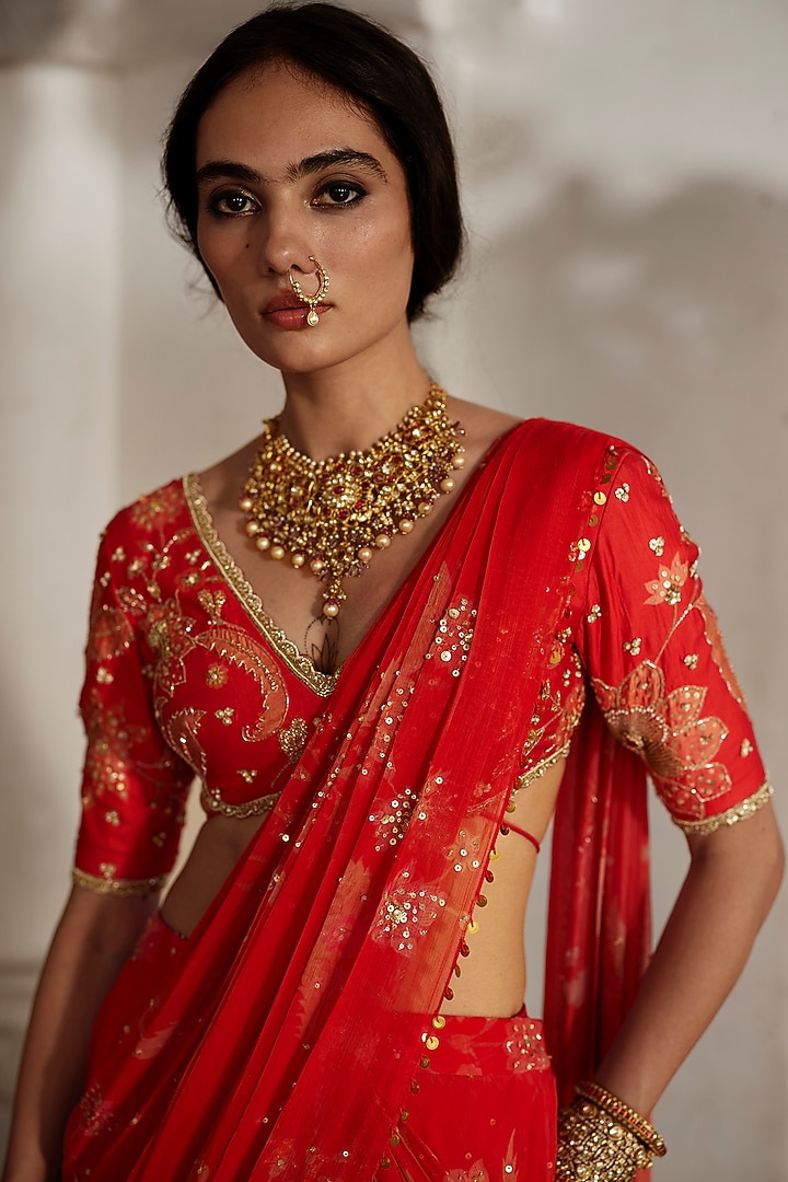 Sunset Red Chiffon Floral Printed Pre-Draped Wedding Saree Set by Paulmi & Harsh at Pernia's Pop Up Shop