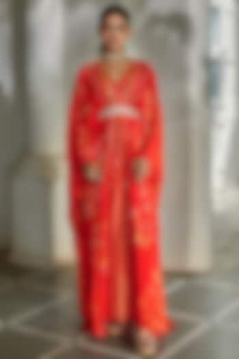 Sunset Red Silk Organza Printed & Embroidered Kaftan by Paulmi & Harsh at Pernia's Pop Up Shop
