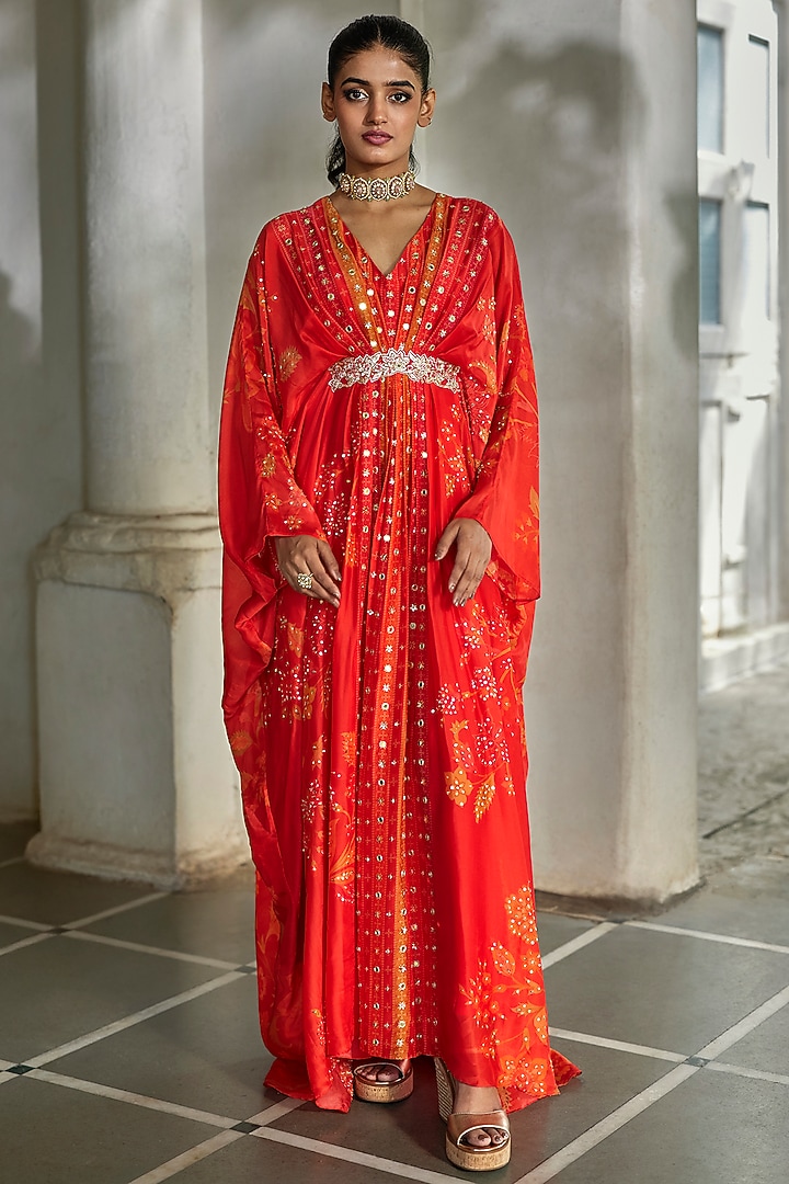 Sunset Red Silk Organza Printed & Embroidered Kaftan by Paulmi & Harsh at Pernia's Pop Up Shop