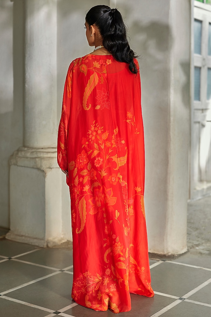 Sunset Red Silk Organza Printed & Embroidered Kaftan by Paulmi & Harsh at Pernia's Pop Up Shop