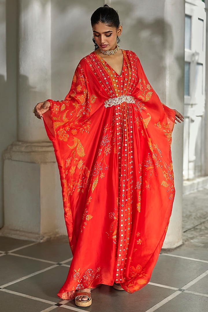 Sunset Red Silk Organza Printed & Embroidered Kaftan by Paulmi & Harsh at Pernia's Pop Up Shop
