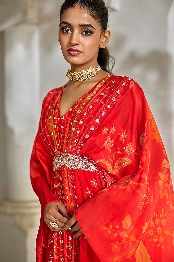Sunset Red Silk Organza Printed & Embroidered Kaftan by Paulmi & Harsh at Pernia's Pop Up Shop
