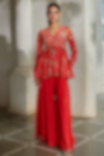 Sunset Red Georgette Palazzo Pant Set by Paulmi & Harsh at Pernia's Pop Up Shop