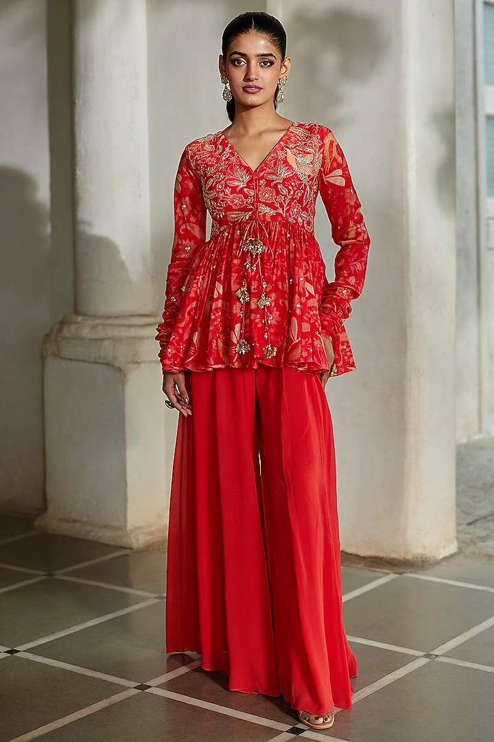 Sunset Red Georgette Palazzo Pant Set by Paulmi & Harsh at Pernia's Pop Up Shop
