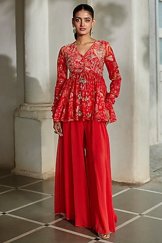 Sunset Red Georgette Palazzo Pant Set by Paulmi & Harsh