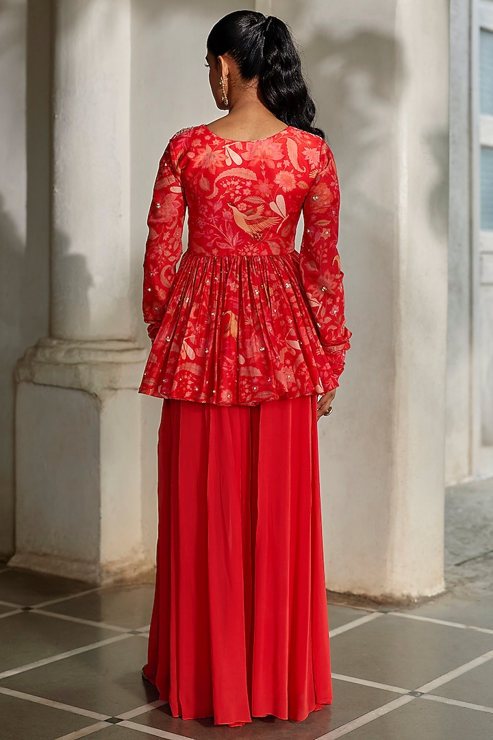Sunset Red Georgette Palazzo Pant Set by Paulmi & Harsh at Pernia's Pop Up Shop