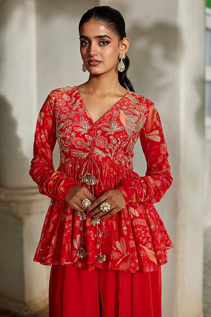 Sunset Red Georgette Palazzo Pant Set by Paulmi & Harsh at Pernia's Pop Up Shop