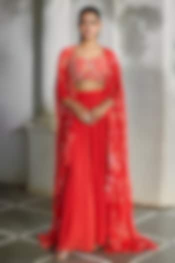Sunset Red Georgette Palazzo Pant Set by Paulmi & Harsh at Pernia's Pop Up Shop