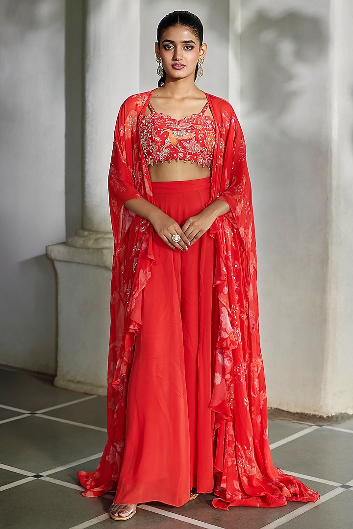Sunset Red Georgette Palazzo Pant Set by Paulmi & Harsh at Pernia's Pop Up Shop