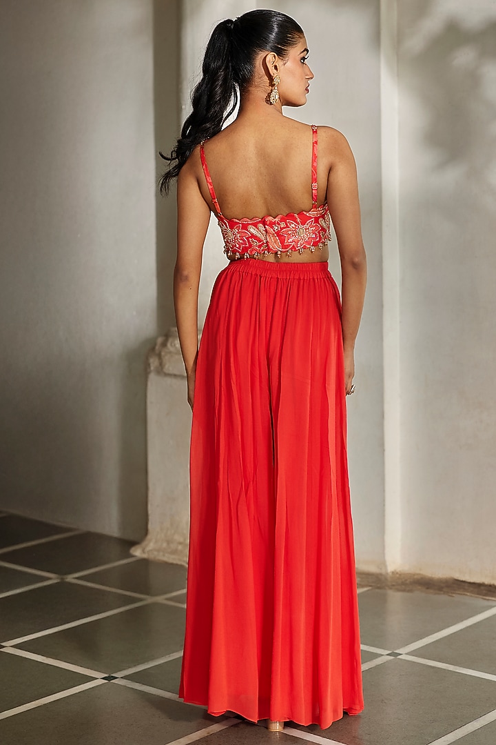 Sunset Red Georgette Palazzo Pant Set by Paulmi & Harsh at Pernia's Pop Up Shop