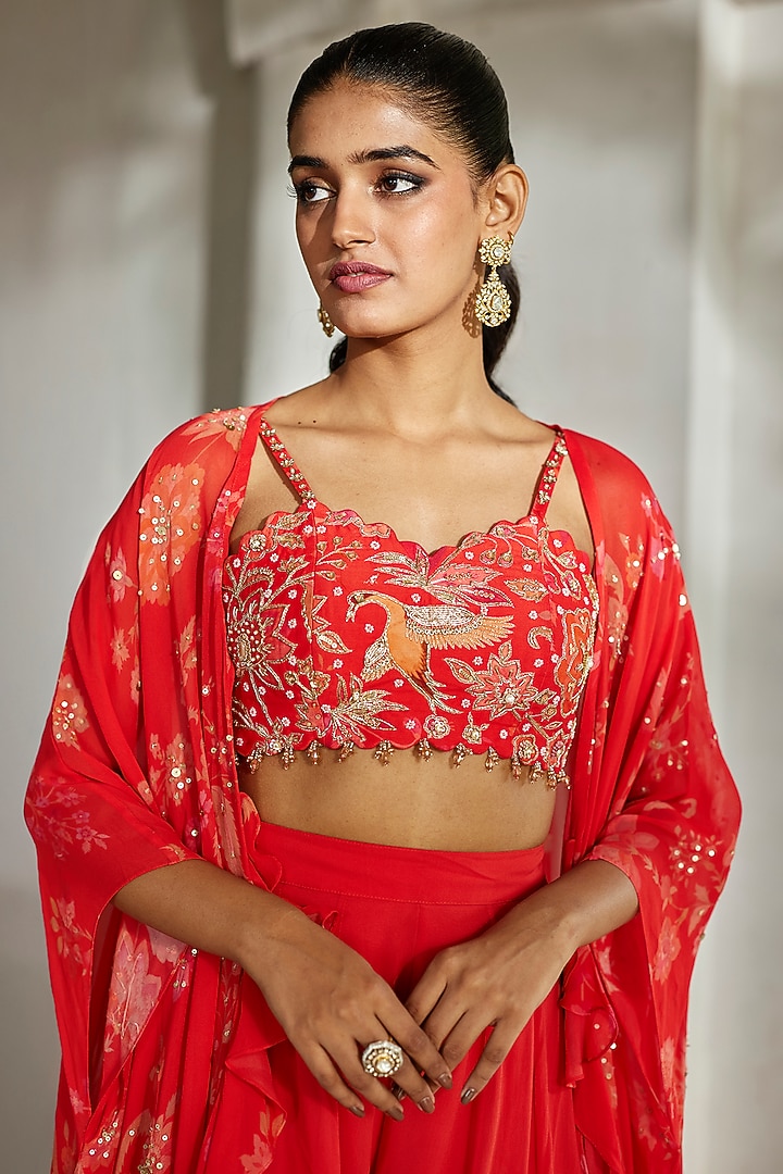 Sunset Red Georgette Palazzo Pant Set by Paulmi & Harsh at Pernia's Pop Up Shop