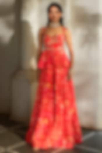 Sunset Red Chiniya Printed Palazzo Pant Set by Paulmi & Harsh at Pernia's Pop Up Shop