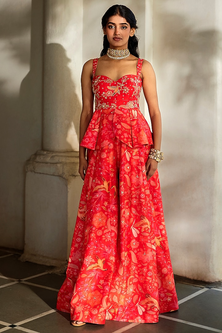 Sunset Red Chiniya Printed Palazzo Pant Set by Paulmi & Harsh at Pernia's Pop Up Shop